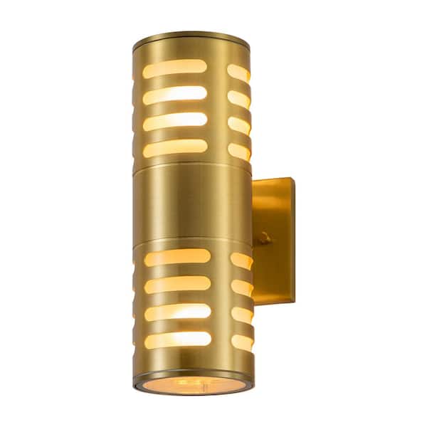 C Cattleya 11.75 in. 2-Light Gold Finish Aluminum Outdoor Wall Cylinder Light