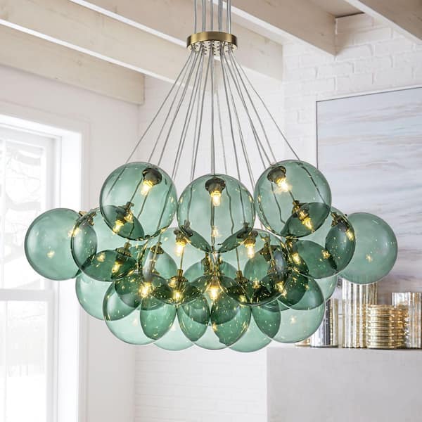Lillian 19-Light Modern Gold with Green Globe Glass Cluster Chandelier