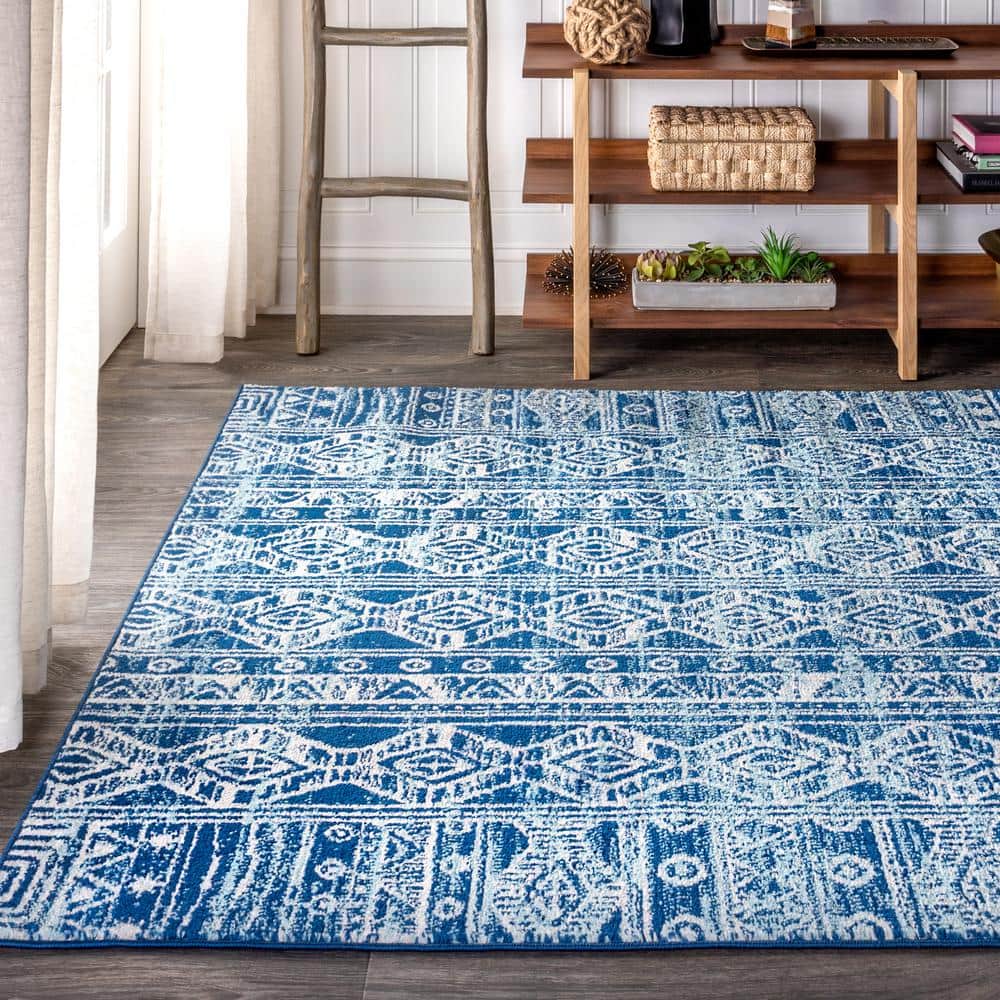 Blue and Gray Synthetic 8' x 10' Moroccan Pattern Area Rug
