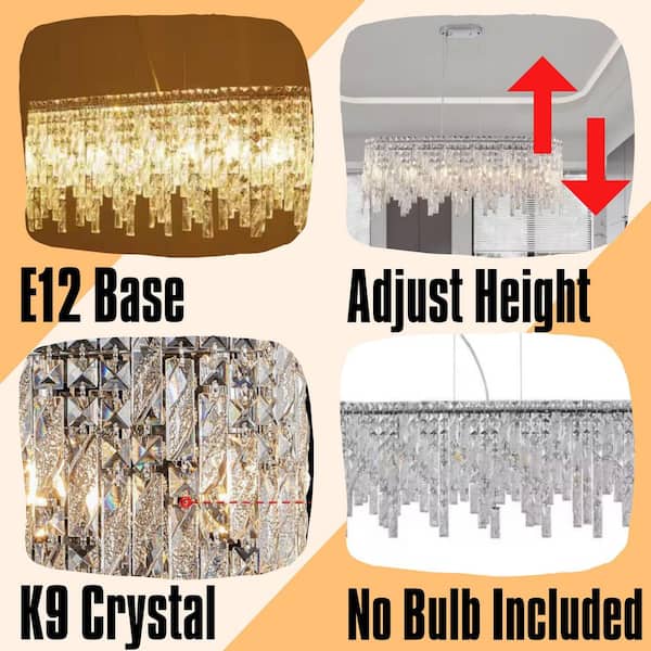 6-Light Silver Crystal Chandelier, Oval Pendant for Living Room