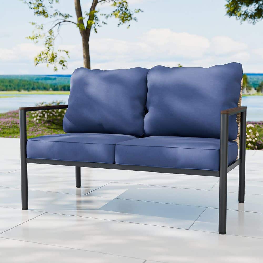 Black Metal Frame Brown Rattan Wicker Outdoor Patio Loveseat with Blue Cushions price history on PriceWatchPro