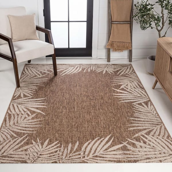 Isla Coastal Cottage Palm Frond Border Brown/Cream 8 ft. x 10 ft. Indoor/Outdoor Area Rug