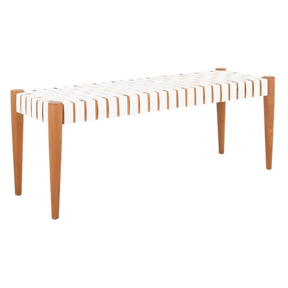 Amalia 47'' Transitional White Leather & Oak Weave Bench