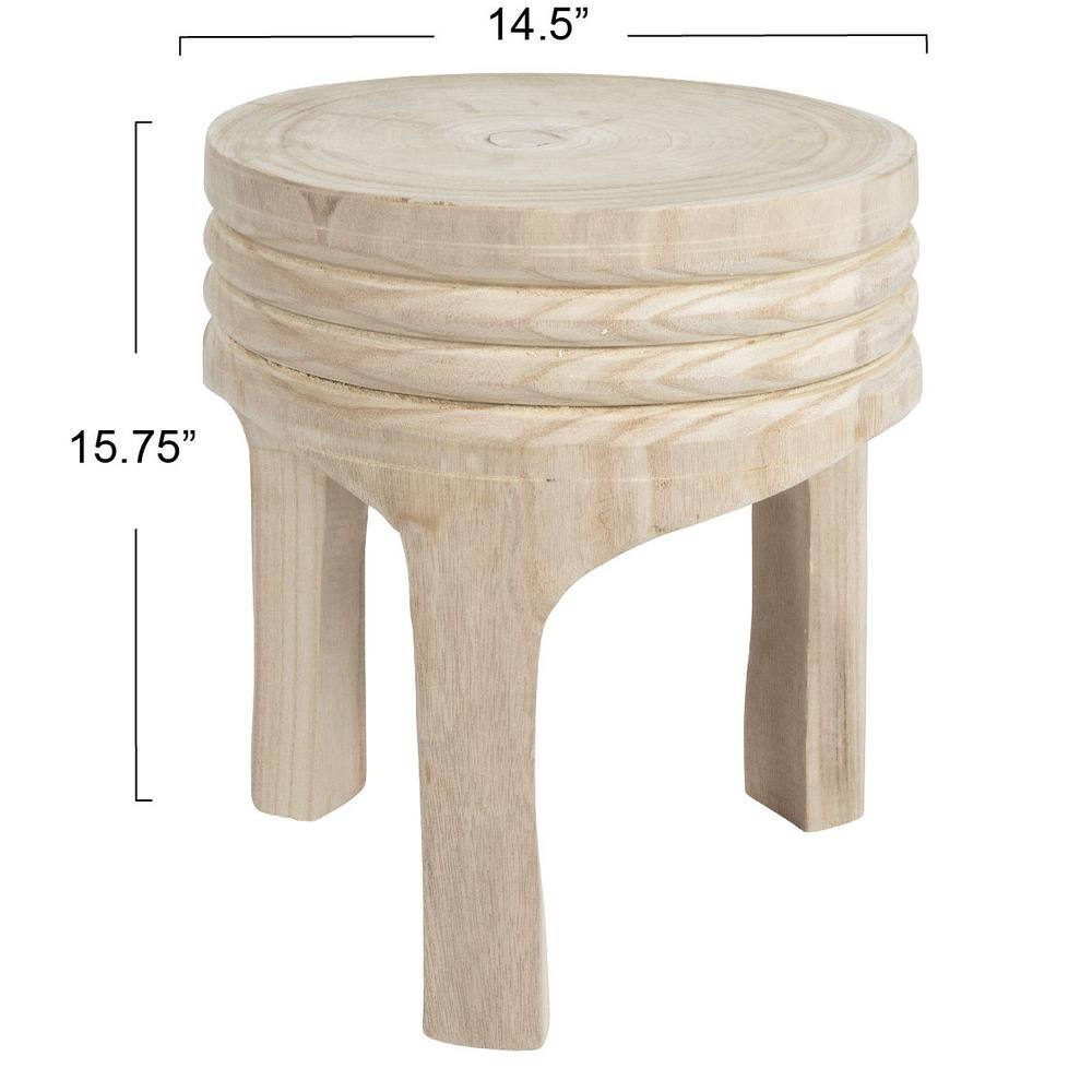 Natural Brown Paulownia Wood Carved Backless Stool