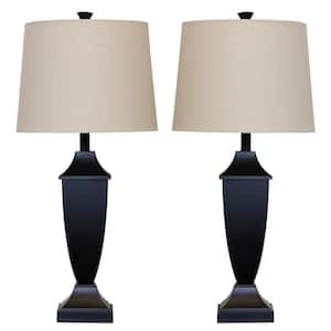 30 in. Black, Tan Wood Table Lamp with Heathered Tan Hardback Linen Blend Shade (Set of 2)