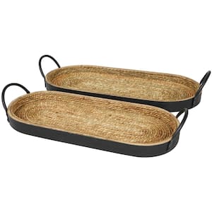 Brown Dried Plant Coiled Oval Decorative Tray with Black Metal Handles (Set of 2)