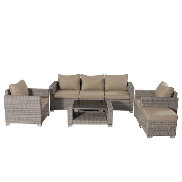 Runesay Gray 7-Piece Rattan Wicker Patio Outdoor Sectional Set with Coffee Table and Field Gray Cushions