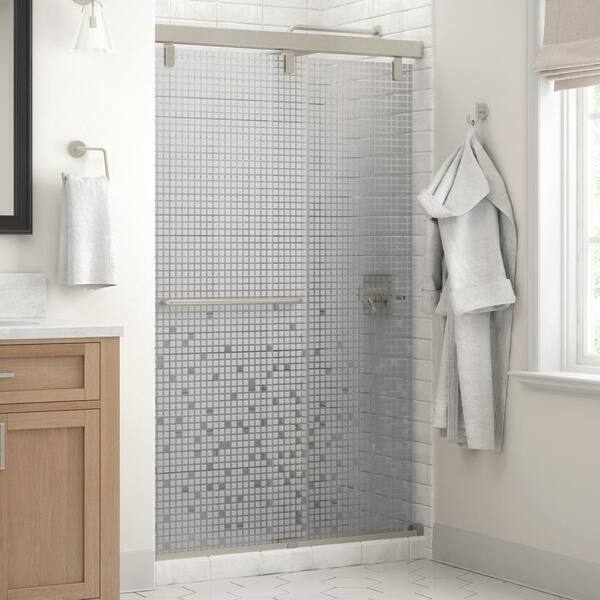 Delta Mod 48 in. x 71-1/2 in. Soft-Close Frameless Sliding Shower Door in Nickel with 1/4 in. (6mm) Mozaic Glass