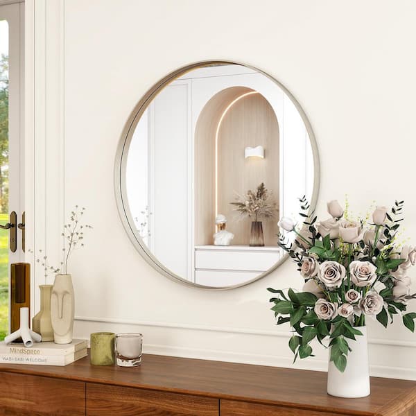 24 in. W x 24 in. H Round Silver Aluminum Alloy Deep Framed Wall Mirror