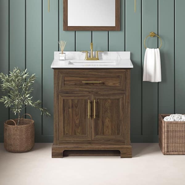 Doveton 30 in. Single Sink Dark Walnut Bath Vanity with White Engineered Marble Top (Assembled)