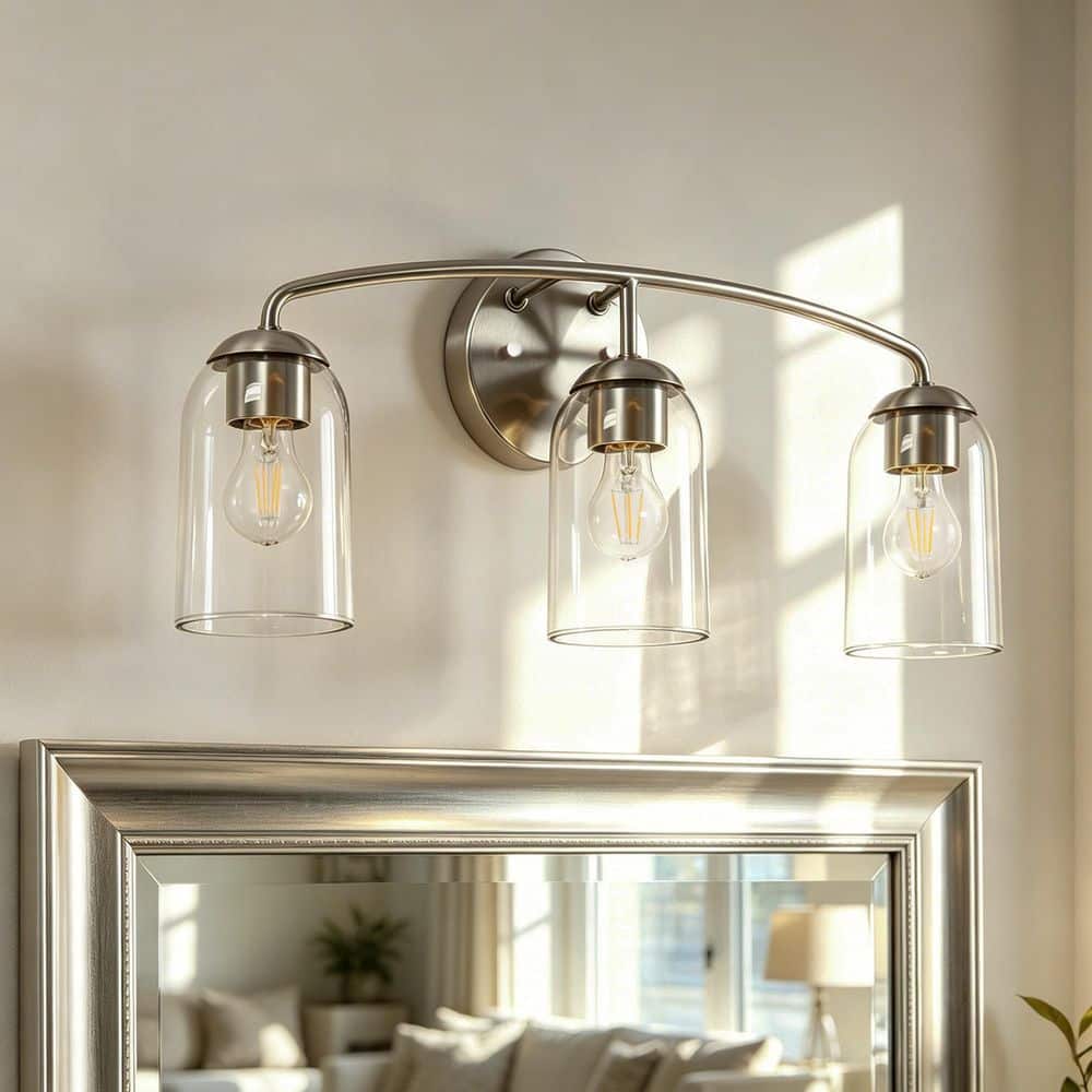23.2 in. 3-Light Plated Nickel Modern Bathroom Vanity Light with Clear Glass Shades Transitional Powder Room Wall Sconce price history on PriceWatchPro