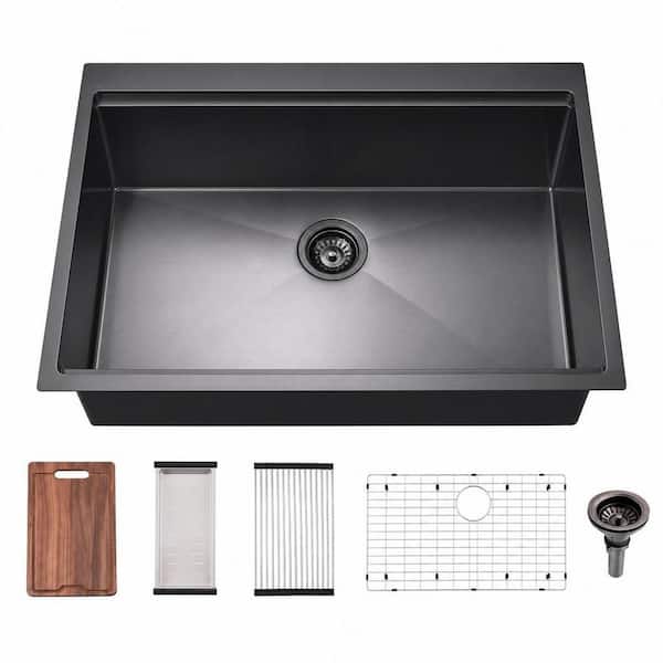 33 in. Black Drop In Kitchen Sink Workstation, Top Mount 16 Gauge Single Bowl 10 in. Deep Handmade Kitchen Sink