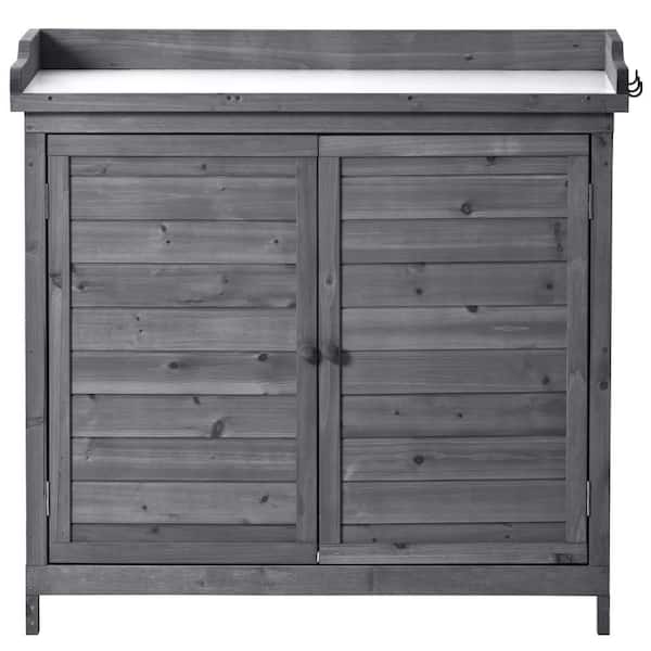 Zeus & Ruta 37.4 in. H x 39 in. W x 19.1 in. D Grey Wooden Garden Potting Bench Table with 2-Tier Shelves and Side Hook