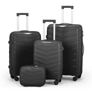 4-Piece V-Stripe Black 14 in., 20 in., 24 in., 28 in. Iron Rod PP Luggage Set