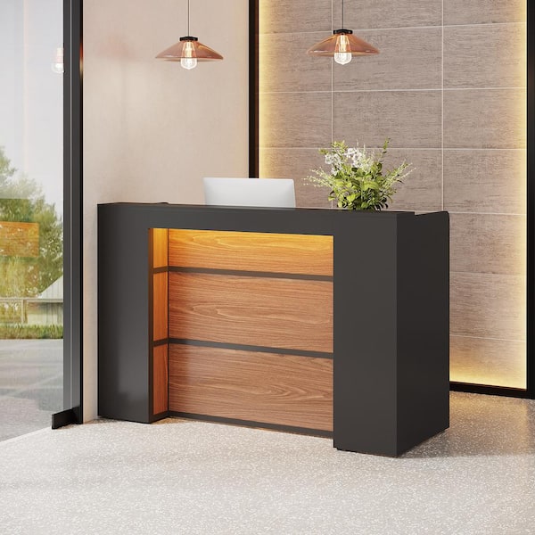 Moroni 63 in. W Rectangular Black Brown Wood Reception Desk LED Lights, Modern Computer Desk for Checkout, Lobby