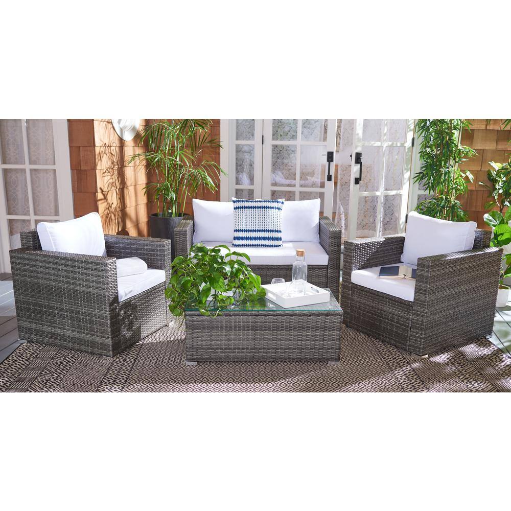 Machie Grey Brown Wicker 3-Person Outdoor Living Set with White Cushions