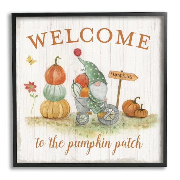 Stupell Industries Welcome Pumpkin Patch Gnome by Tava Studios 1-Piece Framed Graphic Print Fantasy Poster Art Print 12 in. x 12 in.