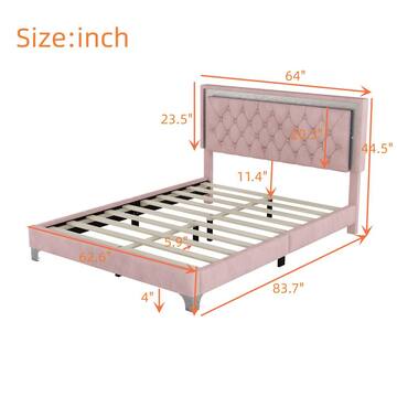Harper & Bright Designs Pink Wood Frame Queen Size Velvet Upholstered Platform Bed with Tufted Headboard and LED Lights LHC051AAH