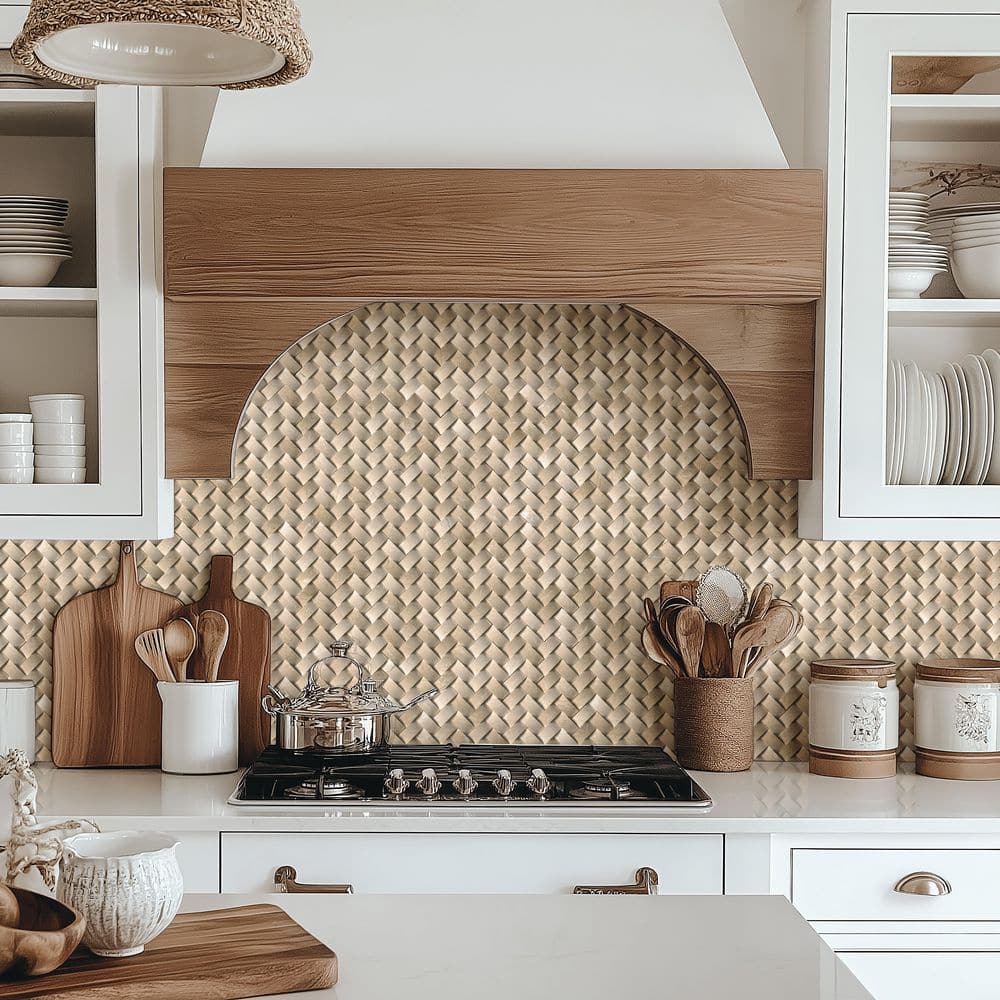 Beige Polished Marble Herringbone Mosaic Wall Tile