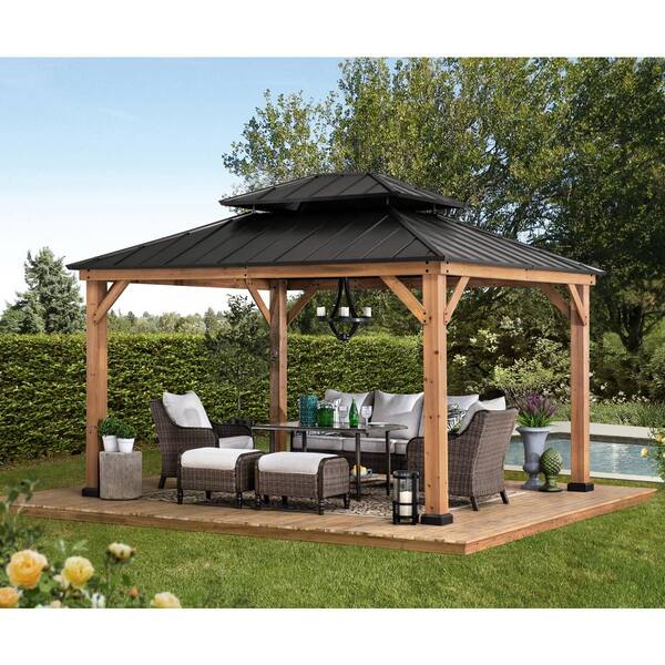 Sunjoy Archwood 13 Ft X 11 Ft Cedar Frame Gazebo With Double Tier Steel Roof Hardtop A102007500 The Home Depot