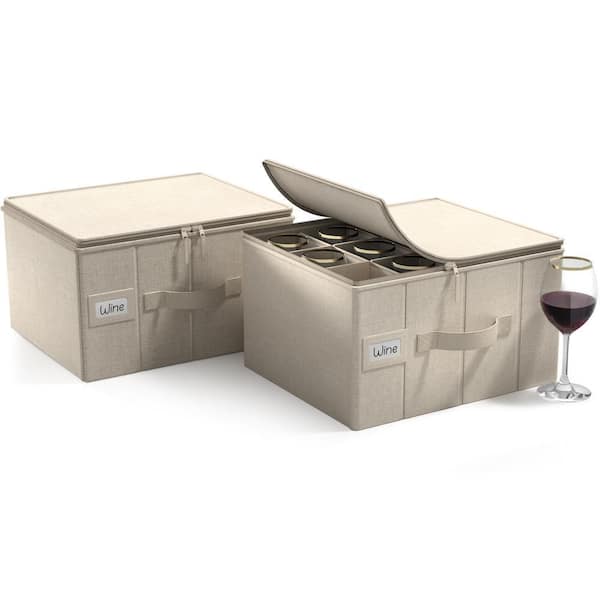 Beige Freestanding Stemware Organizer with Handles 2 Pack, Hard Shell Wine Glass Case with Dividers and Handle Holds 24