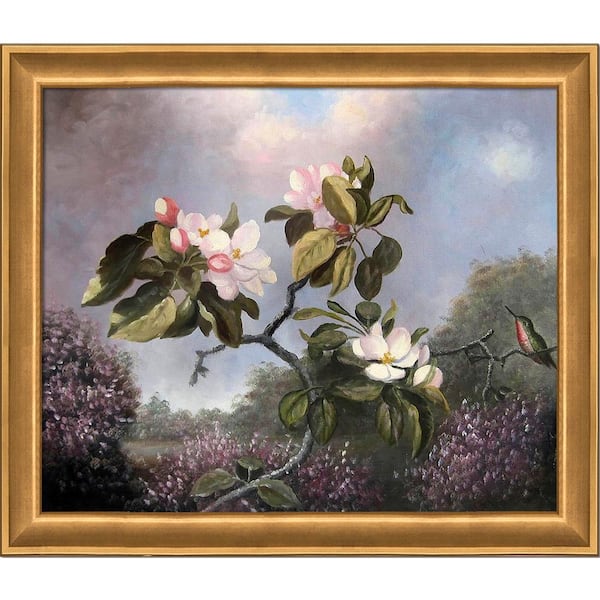 LA PASTICHE Apple Blossoms and Hummingbird by Martin Johnson Heade Muted Gold Glow Framed Abstract Art Print 24 in. x 28 in.