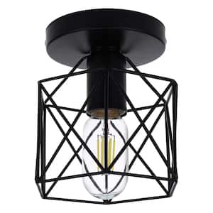 Industrial 6 in. 1-Light Black Semi-Flush Mount with Metal Cage Shade and No Bulb Included (1-Pack)