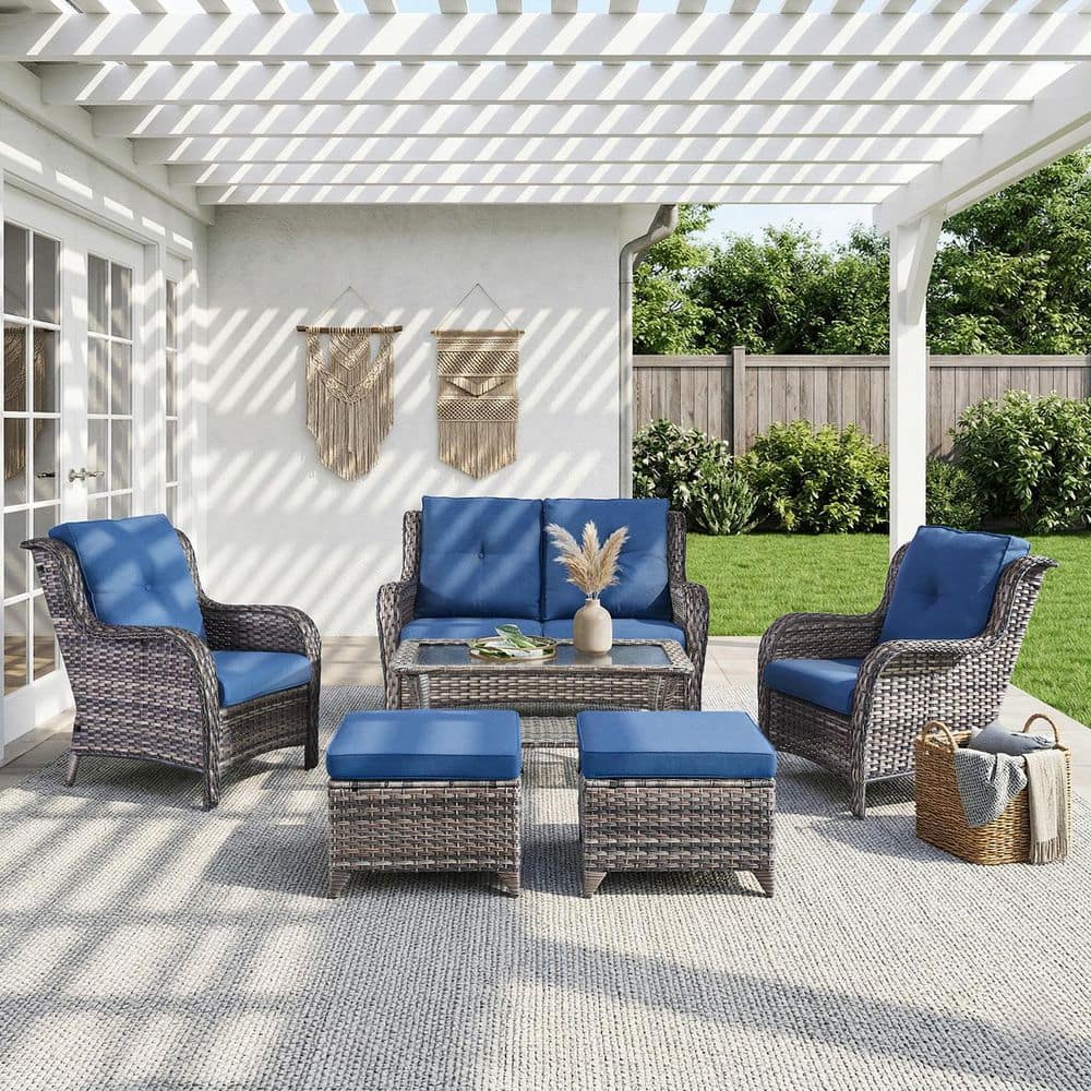 ArcLine 6-Piece Gray Wicker Patio Conversation Set with Olefin Blue Cushions and Lounge Chairs/Loveseat price history on PriceWatchPro