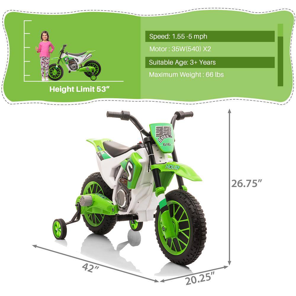 Green 12V Battery-Powered Kids Motorcycle with Training Wheels