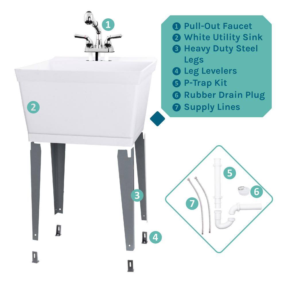 White Thermoplastic Freestanding Utility Sink with Pull-Out Faucet