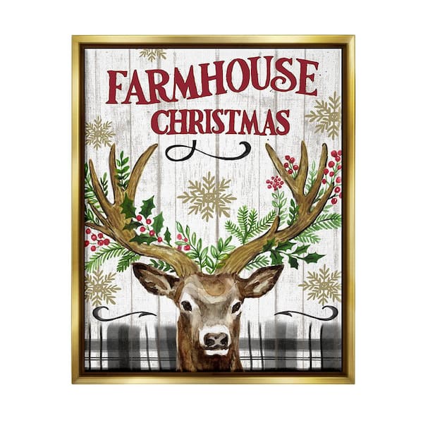 Stupell Industries Farmhouse Christmas with Plaid 1 Piece Floater Frame Graphic Print Animal Poster Art Print 21 in. x 17 in.