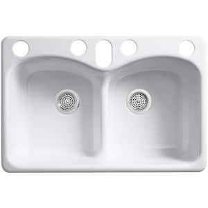 Langlade Smart Divide Undermount Cast Iron 33 in. 6-Hole Double Bowl Kitchen Sink in White