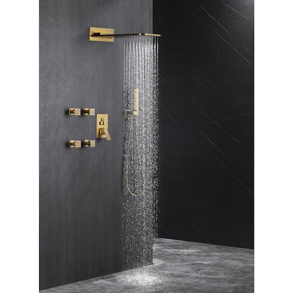 5-Spray Shower Head 20*10 in. Wall Fixed and Handheld Shower Head 1.8 GPM with Pressure Balance and 4Jet in Brushed Gold