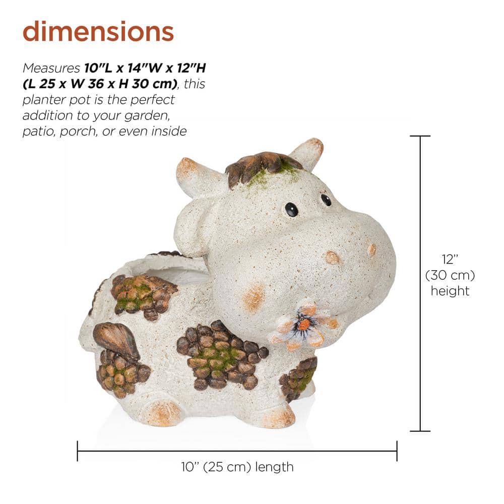 Gray Ceramic Smiling Cow Novelty Outdoor Planter with Drainage Hole