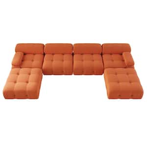151.2 in. 6-Wide Seats Teddy Velvet Moveable Sectional Sofa Couch with 2-Ottomans, Orange