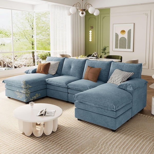 Modern 115.4 in. Pillow Top Arm 4-Piece U-Shaped Chenille Sectional Sofa in Blue with Adjustable Armrest Pillows