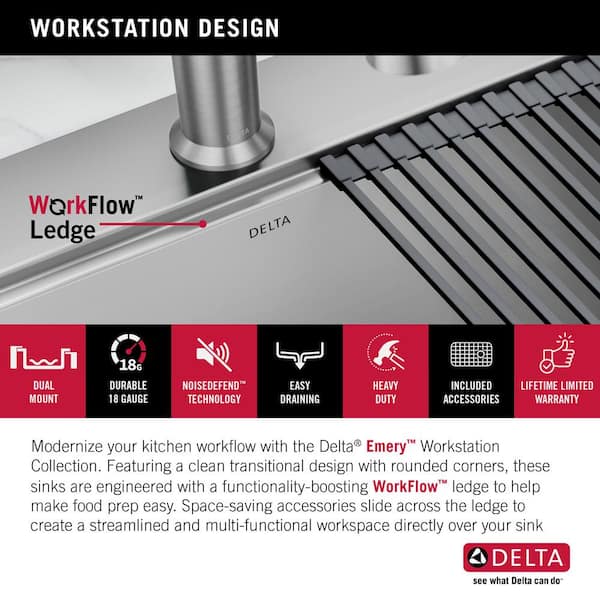 33” Stainless Steel Workstation Kitchen Sink Drop-In Undermount Single Bowl  with WorkFlow™ Ledge and Accessories in Stainless Steel 95A9135-33S-SS-3D