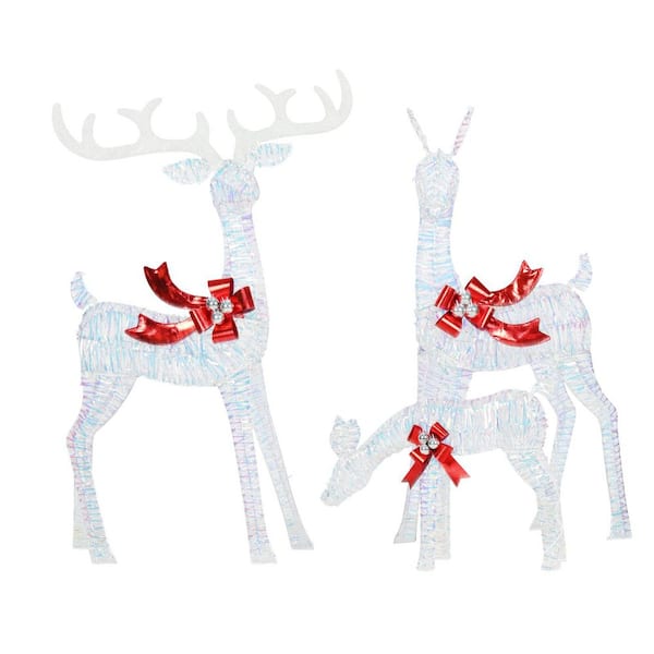 26 in. Red Metal Outdoors Christmas Iridescent Reindeer Family with LED Light