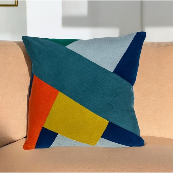 HomeRoots Blue, Yellow Geometric Polyester 20 in. x 20 in. Throw Pillow