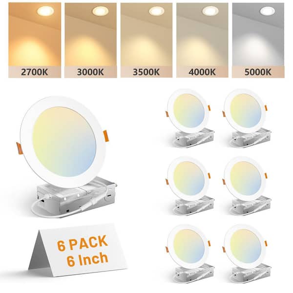 6 in. Adjustable 5CCT 6-Pack Canless LED Recessed Ceiling Light 1050 LM Brightness Dimmable 12W