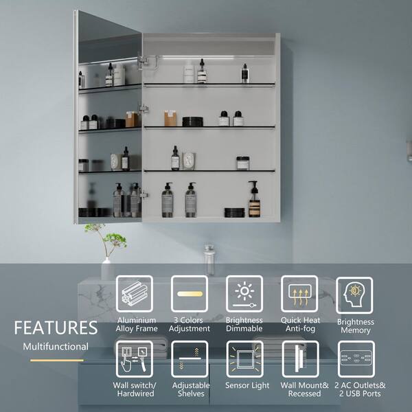 24 in. W x 32 in. H Rectangular Silver Aluminum Recessed/Surface Mount Left Medicine Cabinet with Mirror LED and Clock