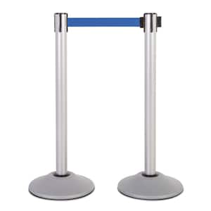 US Weight Heavy-Duty Silver Premium Steel Stanchion with 7.5 ft. Blue Retractable Belt (2-Pack)