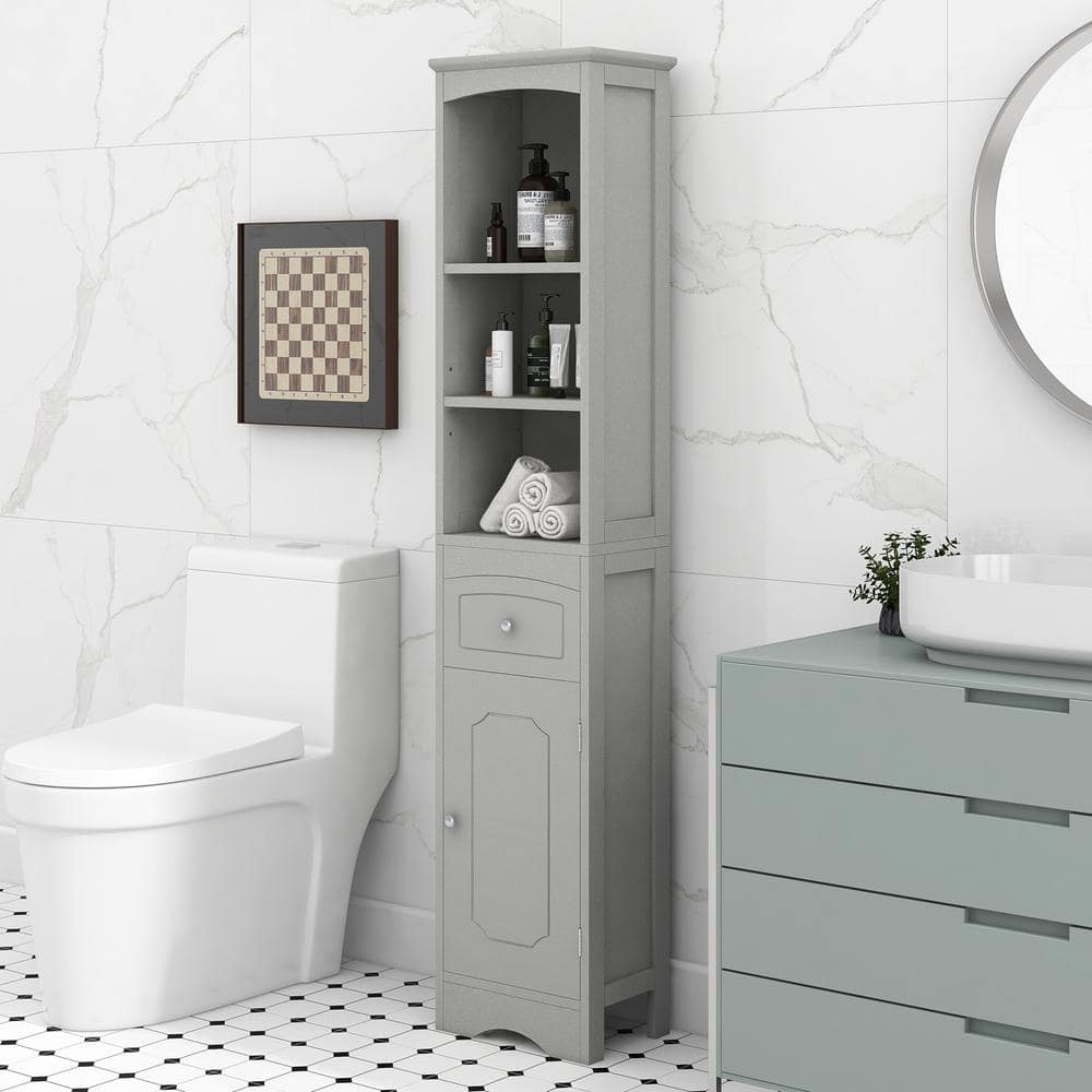 13 in. W x 9 in. D x 67 in. H Gray Wood Linen Cabinet with Adjustable Shelv