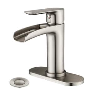 Single-Handle Single-Hole Waterfall Spout Bathroom Faucet with Deck Plate in Brushed Nickel
