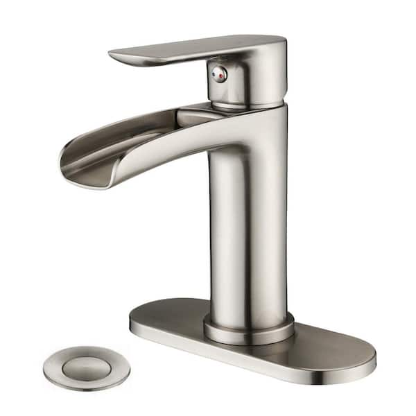 PROOX Single-Handle Single-Hole Waterfall Spout Bathroom Faucet with Deck Plate in Brushed Nickel