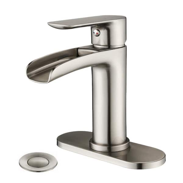 Brushed Nickel Singel Handle Basin Faucet Waterfall Sink Mixer Tap W/Cover Plate 