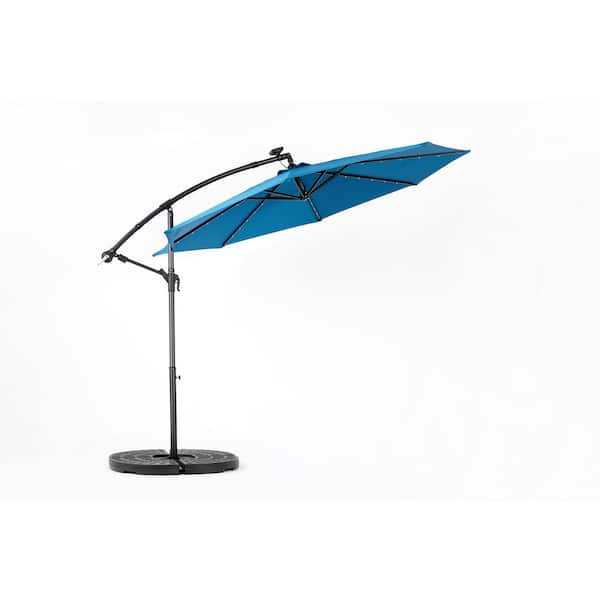 Lycvki 10 ft. Solar LED Offset Hanging Market Patio Umbrella in Backyard, Pool, Coast, Dark blue