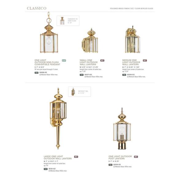Generation Lighting - Classico 7 in. W 1-Light Polished Brass Outdoor Wall Lantern Sconce with Clear Beveled Glass