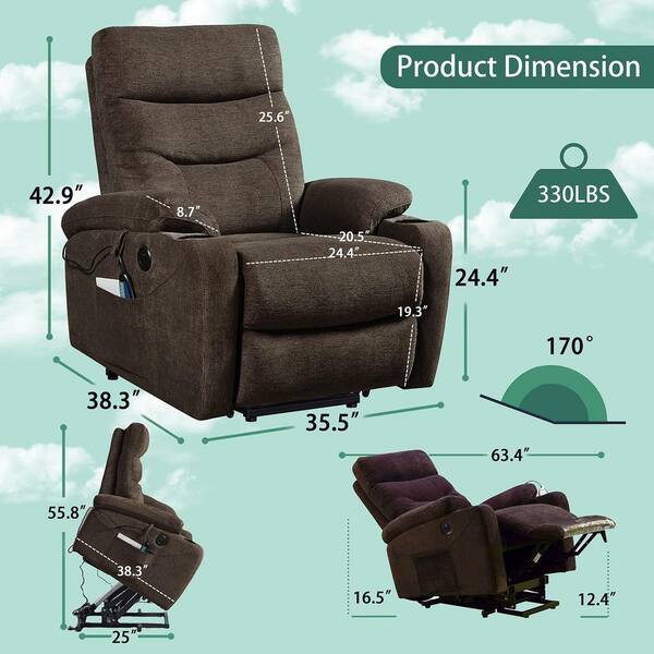 Unbranded - Brown Fabric Massage Chair Electric Power Lift Recliner Chair with Heat, Cup Holders and Side Pockets, USB Ports