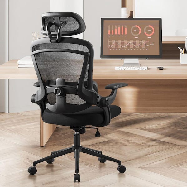 High Back Mesh Ergonomic 120°Tilt Office Chair with Adjustable Headrest and Lumbar Support in Black with Flip-Up Arms